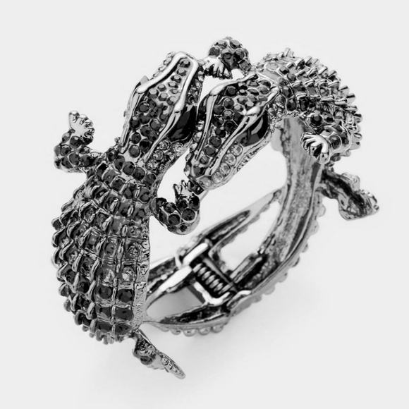 Black Rhinestone Alligator Crocodile Double Head Cuff Bracelet Statement Jewelry - Picture 1 of 2